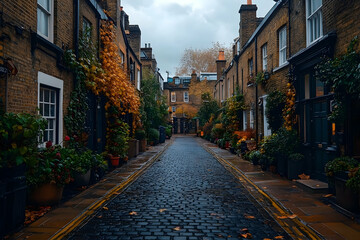 Obraz premium Serene cobblestone street lined with autumn foliage and charming homes under a cloudy sky