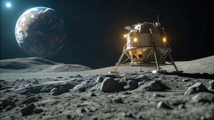 Futuristic moon lander on rocky lunar surface with Earth visible in dark sky, space exploration and lunar mission concept.