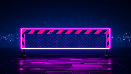 Obraz premium Neon-Outlined Glowing Construction Barricade with Cyberpunk Aesthetic on Dark Background