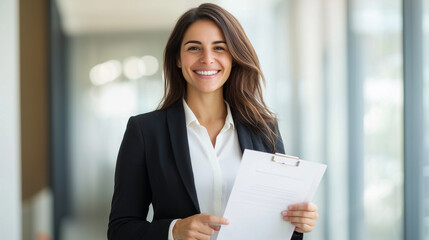 Confident Businesswoman: A professional woman, radiating poise and competence, walks confidently down an office corridor. She holds a document.