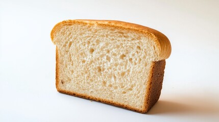 A freshly baked loaf of white bread on a clean background, showcasing its soft texture and golden crust.