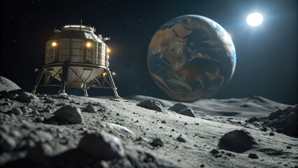 Futuristic moon lander on rocky lunar surface with Earth visible in dark sky, space exploration and lunar mission concept.
