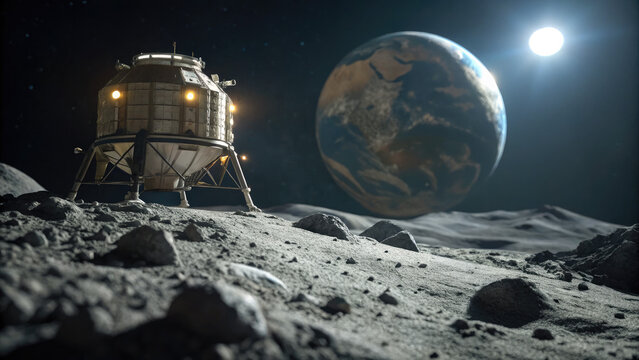 Futuristic moon lander on rocky lunar surface with Earth visible in dark sky, space exploration and lunar mission concept.