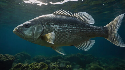 Fototapeta premium Underwater Largemouth Bass Swimming in Freshwater Habitat for Sport Fishing