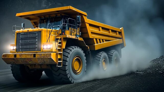 Massive yellow dump truck navigating a dusty quarry road under overcast skies