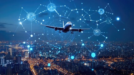 A real-time air traffic control system with interconnected aviation routes and AI-assisted flight coordination.