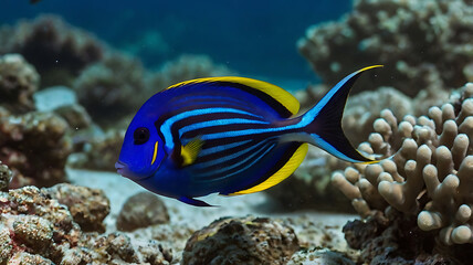 Obraz premium Blue Tang Swimming Gracefully Near Coral Reef with Striking Colors