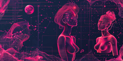 Futuristic Pink Wireframe Faces with Planetary Grid
