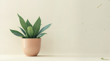 A small plant is in a pink pot