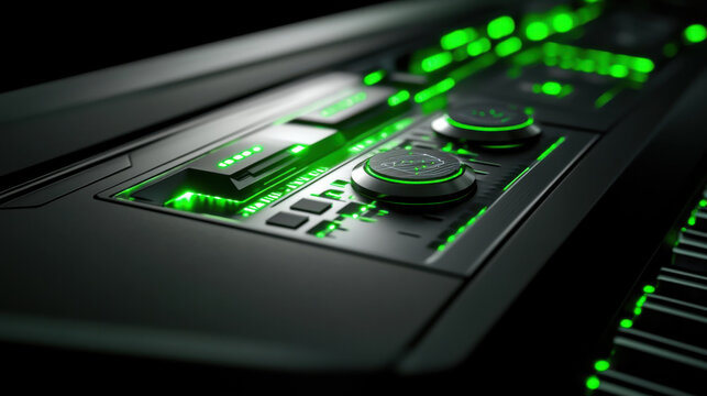 A futuristic digital interface panel, glowing green pathways, sleek metal plating
