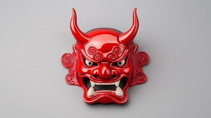Ogre Mask: A striking red ogre mask, symbolizing protection and warding off evil, is a focal point against a smooth, pale background, capturing its detailed craftsmanship and cultural significance.
