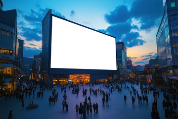 Crowd of people walking in a busy city square with a large blank billboard at dusk with city buildings and cloudy sky.