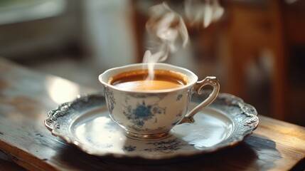 Fototapeta premium A steaming cup of Turkish Delight, its rich, milky aroma mingling with the earthy notes of freshly brewed coffee, served on a vintage Turkish tray, inviting relaxation and indulgence.