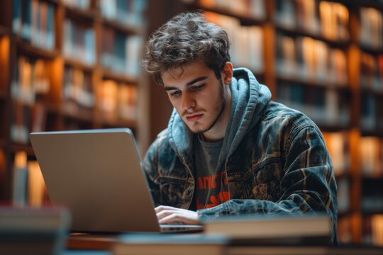 Young man types on a laptop in a library. Bookshelves filled with books in the background. Focused student working on computer at desk.