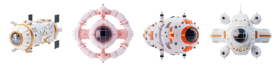 Naklejka premium Collection of highly detailed and advanced conceptual spacecraft modules designed for innovative space and research technology