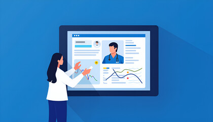 Online healthcare illustration with doctor analyzing patient data on blue screen