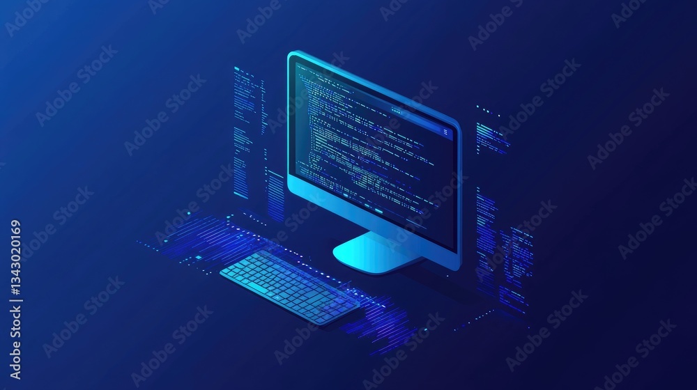 Poster a simple yet futuristic it solutions logo featuring a stylized monitor and abstract code patterns.