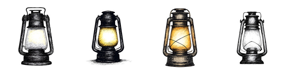 Collection of antique kerosene fueled lanterns casting a warm cozy glow in a classic old fashioned design with metal and glass construction