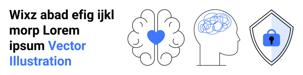 Brain with heart, head with neurons, and shield with lock representing mental health, emotional intelligence, and cybersecurity. Ideal for healthcare, technology, education, innovation neuroscience