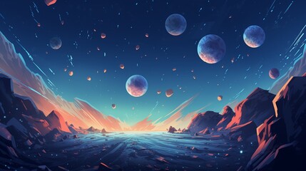 Naklejka premium A vector illustration of a sci-fi inspired deep space environment with orbiting satellites, drifting asteroids, and celestial bodies