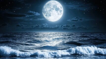 Serene Night Ocean View with Full Moon and Starry Sky