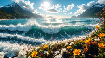 Coastal Mountain Bloom: A Serene Scene of Crashing Waves and Blooming Daisies Against a Backdrop of Snow-Capped Mountains, Evoking a Sense of Peace and Natural Beauty. Mountain Coast Serenity. 1