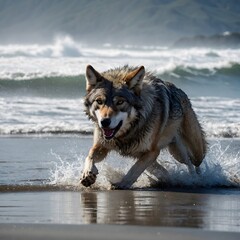 Lone British Columbia Wolf Galloping Through the Wild Coastal Terrain