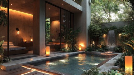 A tranquil garden pool, stylish outdoor lighting, and a minimalist exterior design that exudes peace and comfort boast a cozy modern home.