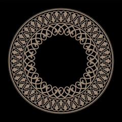 Ornamental gold round frame in byzantine style. Elegant element for design in byzantine style. Floral gold round border. Lace illustration for invitation, porcelain, textile, embroidery, sandblasting