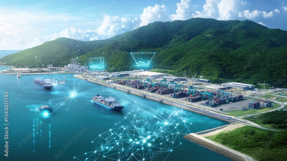 Poster a smart port equipped with ai-driven digital logistics systems, monitoring container movements and o