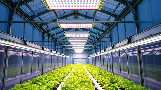 Indoor Greenhouse with Rows of Green Plants Under Bright LED Lights