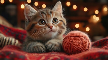 A playful kitten pouncing on a ball of yarn is featured in a delightful scene in a warmly lit living room, with vibrant textures and an atmosphere of fun.