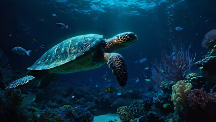 Fototapeta premium Sea Turtle Swimming Gracefully in Ocean with Coral Reef and Fish