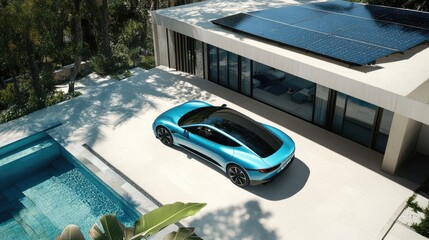 A stylish luxury EV parked at a modern home with solar panels on the roof.