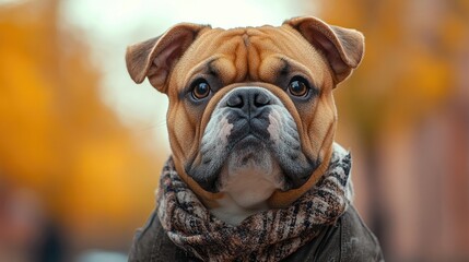 A stylish bandana sporting a determined bulldog, set against a rugged urban backdrop with dramatic lighting that highlights its focused expression.