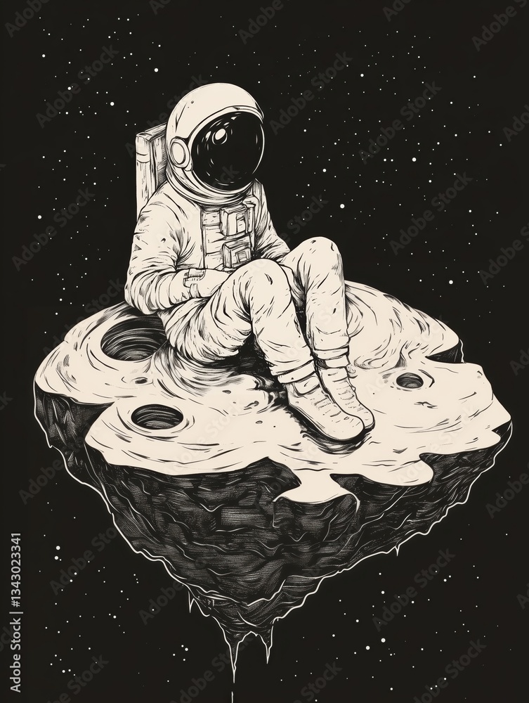 Wall mural astronaut sitting on a fragment of a planet, with stars and space in the background, black and white