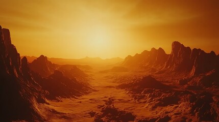 Naklejka premium Futuristic Alien World with Rocky Terrain and Glowing Sun Photo