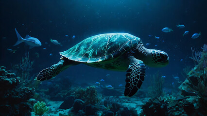 Fototapeta premium Sea Turtle Swimming Underwater with Fish and Coral Reef Scenery