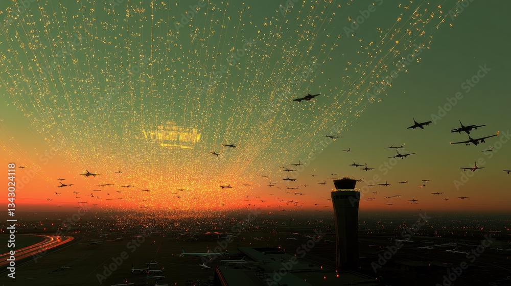 Poster a visualization of a real-time ai-driven smart aviation monitoring system tracking air traffic effic