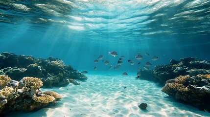 Underwater coral reef in teal and aqua, fish swirl in patterns, sandy floor text space
