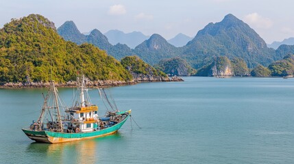 Fishing boat anchored in tranquil bay, surrounded by lush green hills