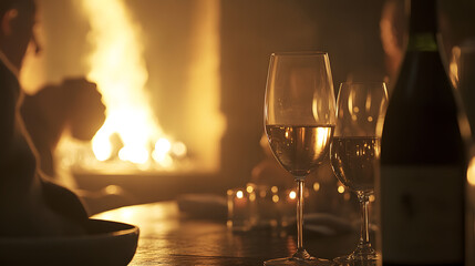 Elegant wine glass and bottle displayed on a table during a family history storytelling session around a fireplace in a cozy setting.