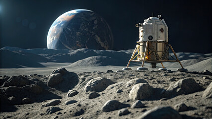 Obraz premium Futuristic moon lander on rocky lunar surface with Earth visible in dark sky, space exploration and lunar mission concept.