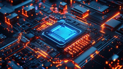 Obraz premium Futuristic computer logo with a glowing microchip symbol and digital elements in neon blue.