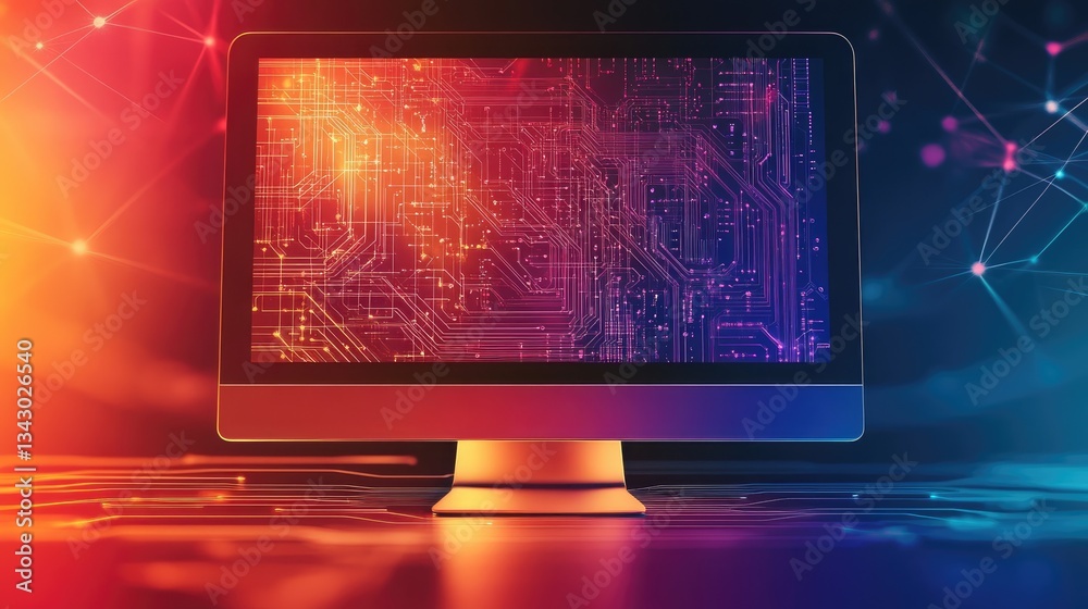 Poster minimalist computer logo with a sleek monitor icon and abstract circuit lines on a dark gradient bac