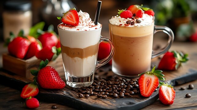 Coffee hot cofffee or latte coffee and strawberry smoothie