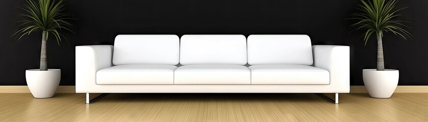 Room interior of white sofa with plants against a dark wall for decorating ideas