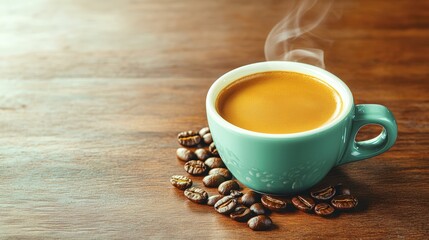 Obraz premium A vibrant advertisement poster for gourmet coffee, showcasing a steaming cup of coffee on a rustic wooden table. The scene includes coffee beans scattered artistically around the cup, and a warm,