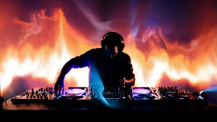 A DJ immersed in music mixes, surrounded by vibrant soundwaves and captivating light trails. The energetic atmosphere pulsates, reflecting the excitement of live mixing in a creative space