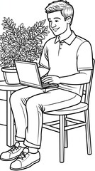 Smiling man works outdoors on laptop near plant, ideal for blogs, articles or online learning